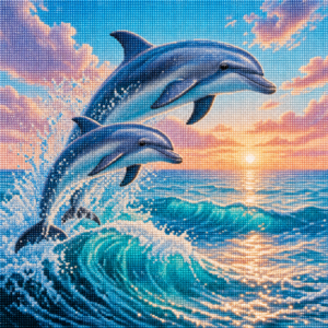 Diamond painting pakket met twee dolfijnen in turquoise zee bij zonsopkomst