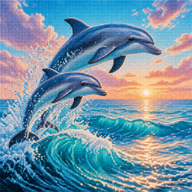 Diamond painting pakket met twee dolfijnen in turquoise zee bij zonsopkomst