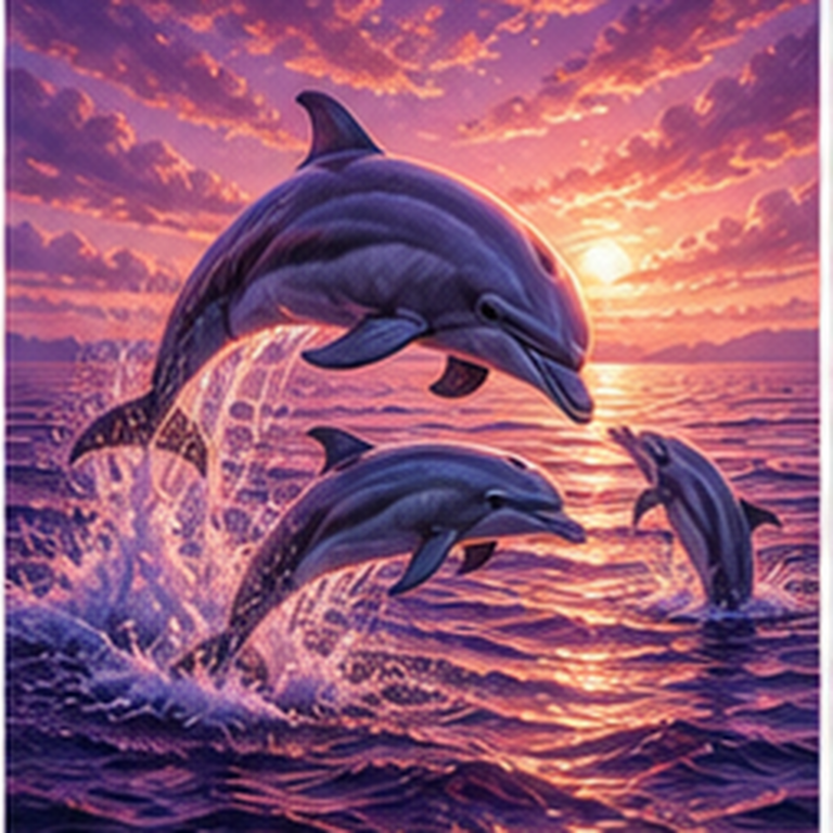 Diamond painting pakket dolfijnen in paarse oceaangloed met hoofdbeeld en sfeerbeelden