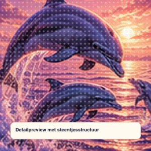 Diamond painting pakket dolfijnen in paarse oceaangloed met hoofdbeeld en sfeerbeelden detailpreview