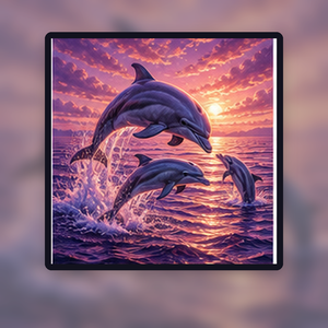 Diamond painting pakket dolfijnen in paarse oceaangloed met hoofdbeeld en sfeerbeelden sfeerbeeld