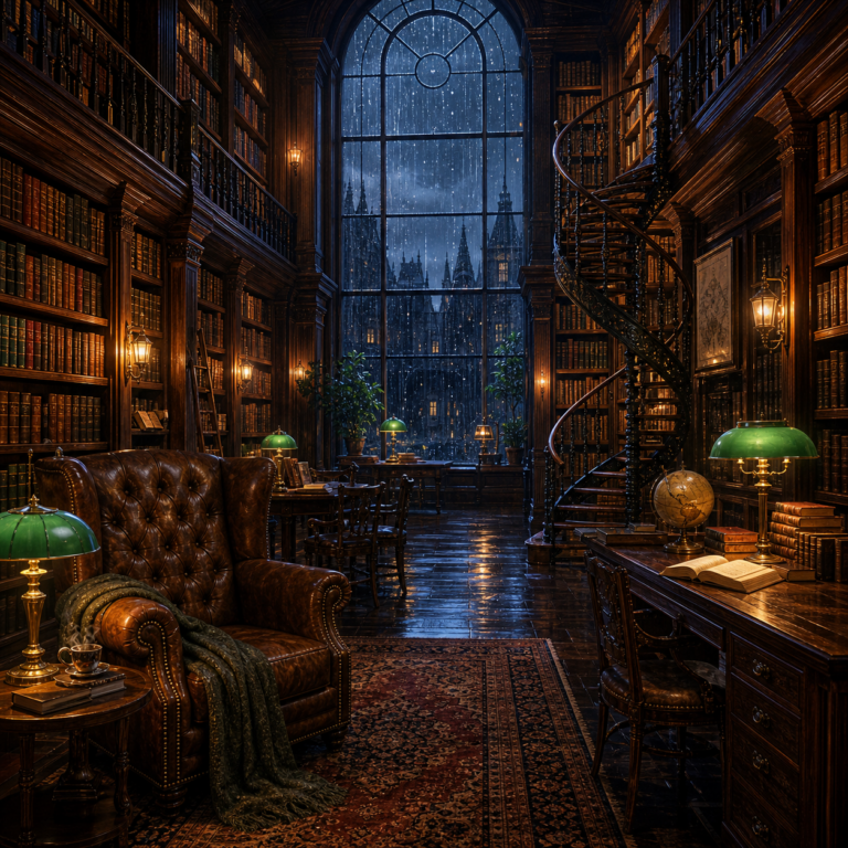 Realistische diamond painting met donkere bibliotheek, regenraam en warme lampen