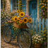 Diamond painting pakket fiets met zonnebloemen bij cottage met hoofdbeeld en sfeerbeelden