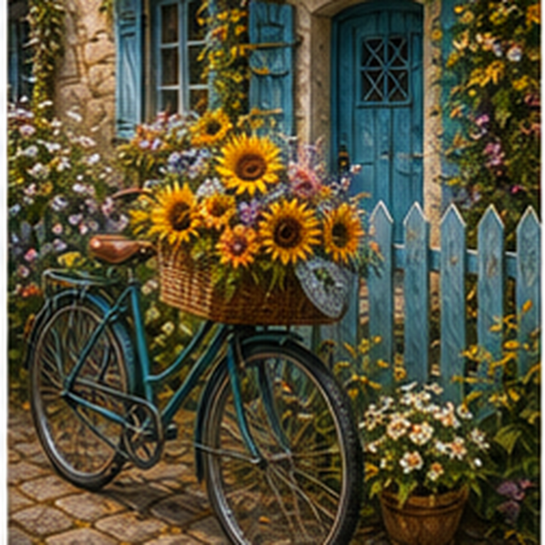 Diamond painting pakket fiets met zonnebloemen bij cottage met hoofdbeeld en sfeerbeelden