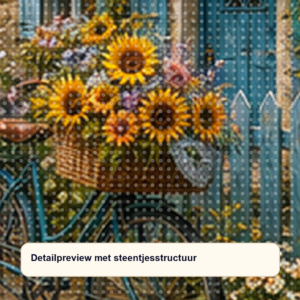 Diamond painting pakket fiets met zonnebloemen bij cottage met hoofdbeeld en sfeerbeelden detailpreview
