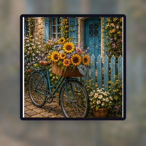 Diamond painting pakket fiets met zonnebloemen bij cottage met hoofdbeeld en sfeerbeelden sfeerbeeld