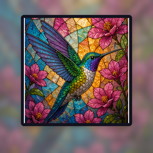 Diamond painting pakket glas in lood kolibrie met hoofdbeeld en sfeerbeelden sfeerbeeld