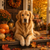 Diamond painting pakket golden retriever op herfstveranda met hoofdbeeld en sfeerbeelden