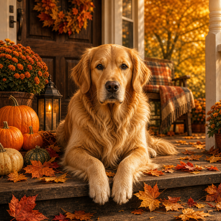 Diamond painting pakket golden retriever op herfstveranda met hoofdbeeld en sfeerbeelden