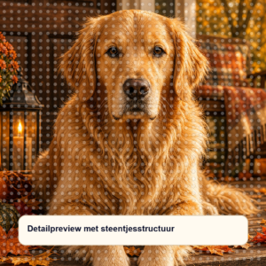 Diamond painting pakket golden retriever op herfstveranda met hoofdbeeld en sfeerbeelden detailpreview