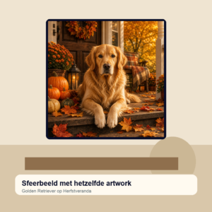 Diamond painting pakket golden retriever op herfstveranda met hoofdbeeld en sfeerbeelden sfeerbeeld