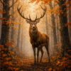 Diamond painting pakket hert in mistig herfstbos met hoofdbeeld en sfeerbeelden