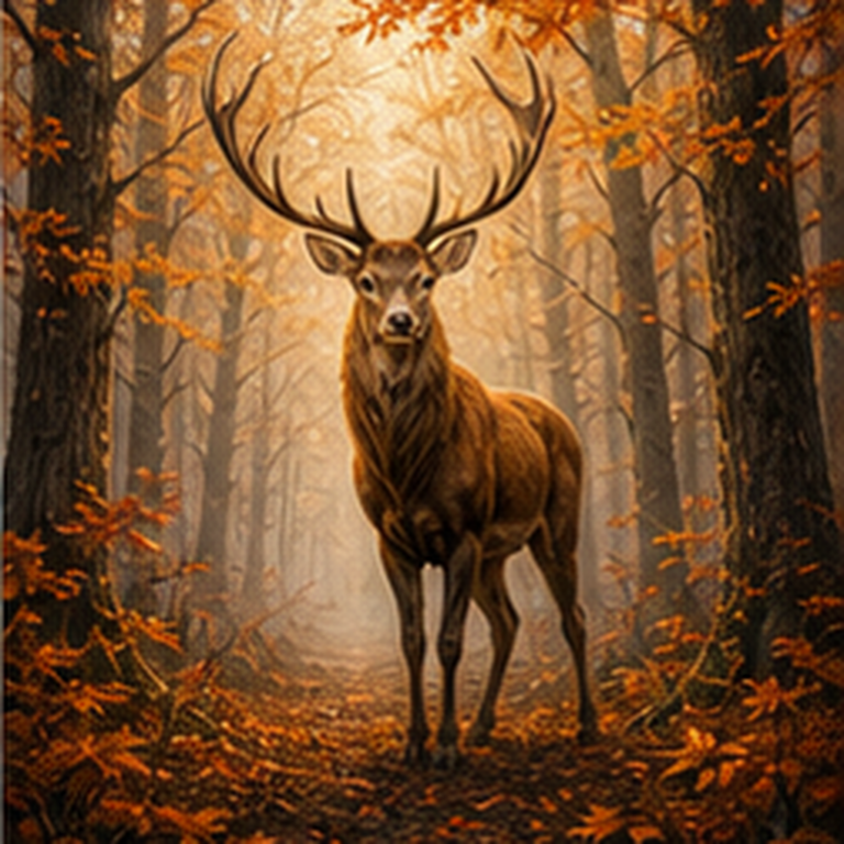Diamond painting pakket hert in mistig herfstbos met hoofdbeeld en sfeerbeelden
