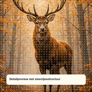 Diamond painting pakket hert in mistig herfstbos met hoofdbeeld en sfeerbeelden detailpreview