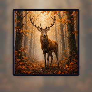 Diamond painting pakket hert in mistig herfstbos met hoofdbeeld en sfeerbeelden sfeerbeeld