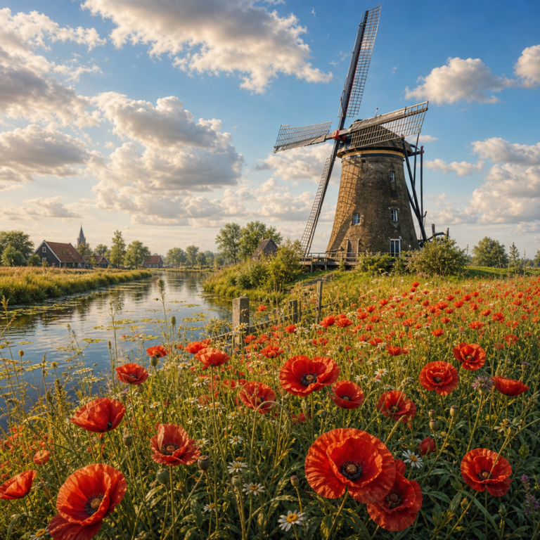 Diamond painting pakket hollandse molen met klaprozen met hoofdbeeld en sfeerbeelden