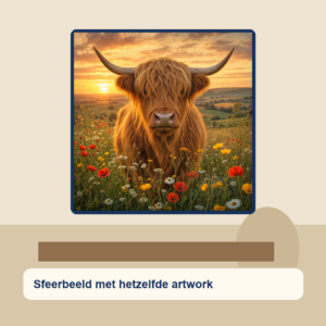Diamond painting pakket hooglander in wilde bloemen met hoofdbeeld en sfeerbeelden sfeerbeeld