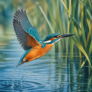 Diamond painting pakket ijsvogel boven rietwater met hoofdbeeld en sfeerbeelden