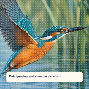 Diamond painting pakket ijsvogel boven rietwater met hoofdbeeld en sfeerbeelden detailpreview