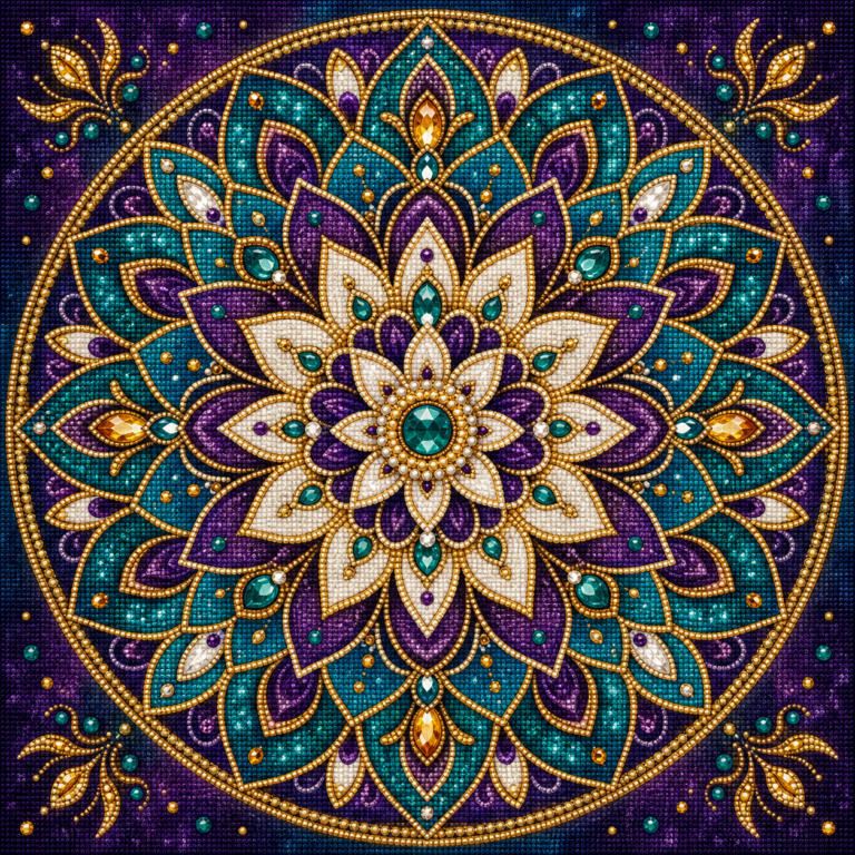 Diamond painting pakket met paarse turquoise en gouden mandala