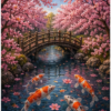 Diamond painting pakket kersenbloesembrug over koi water met hoofdbeeld en sfeerbeelden