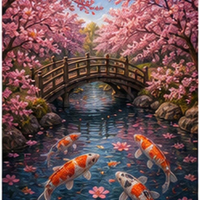 Diamond painting pakket kersenbloesembrug over koi water met hoofdbeeld en sfeerbeelden