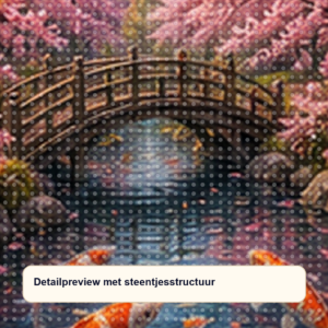 Diamond painting pakket kersenbloesembrug over koi water met hoofdbeeld en sfeerbeelden detailpreview