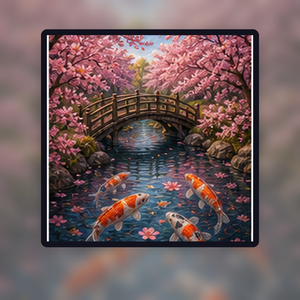 Diamond painting pakket kersenbloesembrug over koi water met hoofdbeeld en sfeerbeelden sfeerbeeld