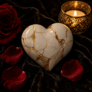 Realistische diamond painting met porseleinen kintsugi hart rode rozen en kaarslicht