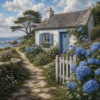 Diamond painting pakket kusthuisje met hortensia's met hoofdbeeld en sfeerbeelden