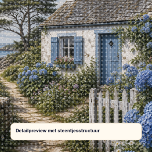 Diamond painting pakket kusthuisje met hortensia's met hoofdbeeld en sfeerbeelden detailpreview