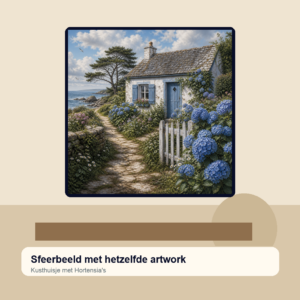 Diamond painting pakket kusthuisje met hortensia's met hoofdbeeld en sfeerbeelden sfeerbeeld