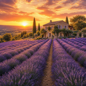 Diamond painting pakket lavendelveld in de provence met hoofdbeeld en sfeerbeelden