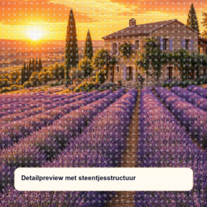 Diamond painting pakket lavendelveld in de provence met hoofdbeeld en sfeerbeelden detailpreview