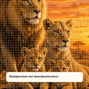 Diamond painting pakket leeuwenfamilie op de savanne met hoofdbeeld en sfeerbeelden detailpreview