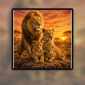 Diamond painting pakket leeuwenfamilie op de savanne met hoofdbeeld en sfeerbeelden sfeerbeeld