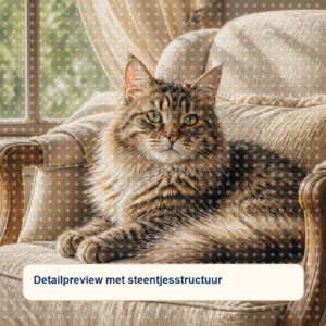 Diamond painting pakket lezende kat bij regenraam met hoofdbeeld en sfeerbeelden detailpreview