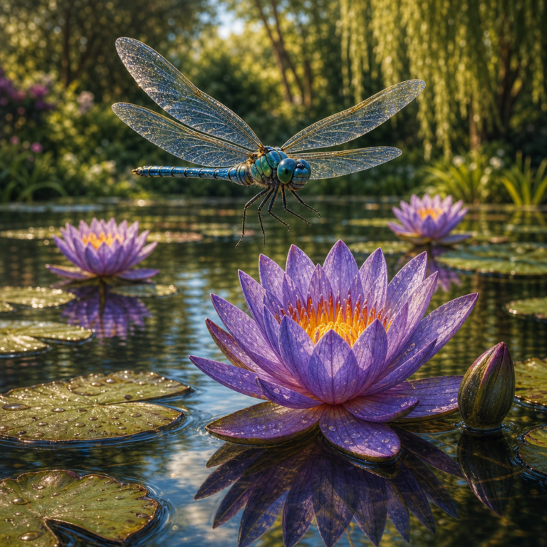 Diamond painting pakket libelle boven waterlelies met hoofdbeeld en sfeerbeelden