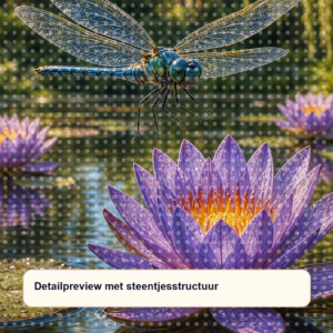 Diamond painting pakket libelle boven waterlelies met hoofdbeeld en sfeerbeelden detailpreview