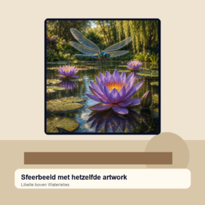 Diamond painting pakket libelle boven waterlelies met hoofdbeeld en sfeerbeelden sfeerbeeld
