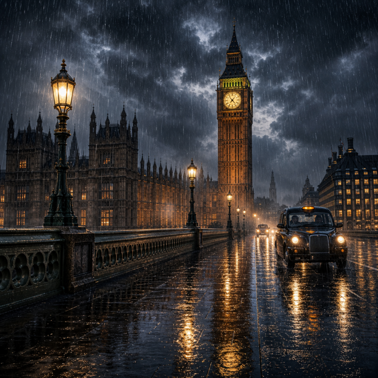 Realistische diamond painting met Londen Big Ben en regenreflecties