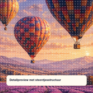 Diamond painting pakket luchtballonnen boven lavendelheuvels met hoofdbeeld en sfeerbeelden detailpreview