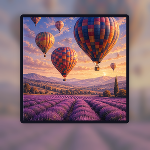 Diamond painting pakket luchtballonnen boven lavendelheuvels met hoofdbeeld en sfeerbeelden sfeerbeeld