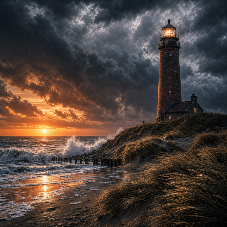 Realistische diamond painting met Nederlandse vuurtoren duinen stormlucht en zee