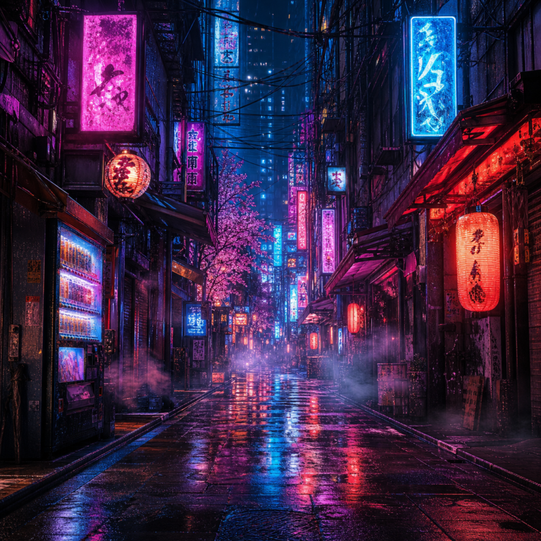 Realistische diamond painting met neonverlichte Tokyo steeg in regen
