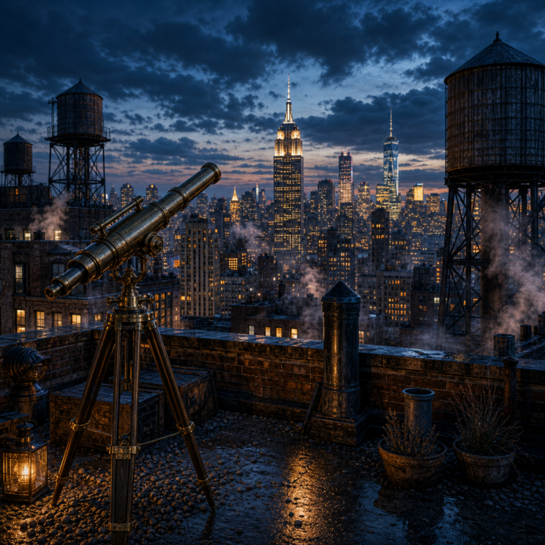 Realistische diamond painting met New York rooftop telescoop en skyline bij blue hour