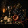 Realistische diamond painting in oude meester stijl met kelk fruit rozen en kaarslicht