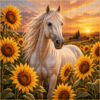 Diamond painting pakket met wit paard tussen zonnebloemen