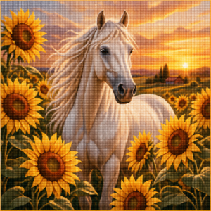 Diamond painting pakket met wit paard tussen zonnebloemen