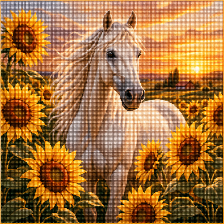 Diamond painting pakket met wit paard tussen zonnebloemen